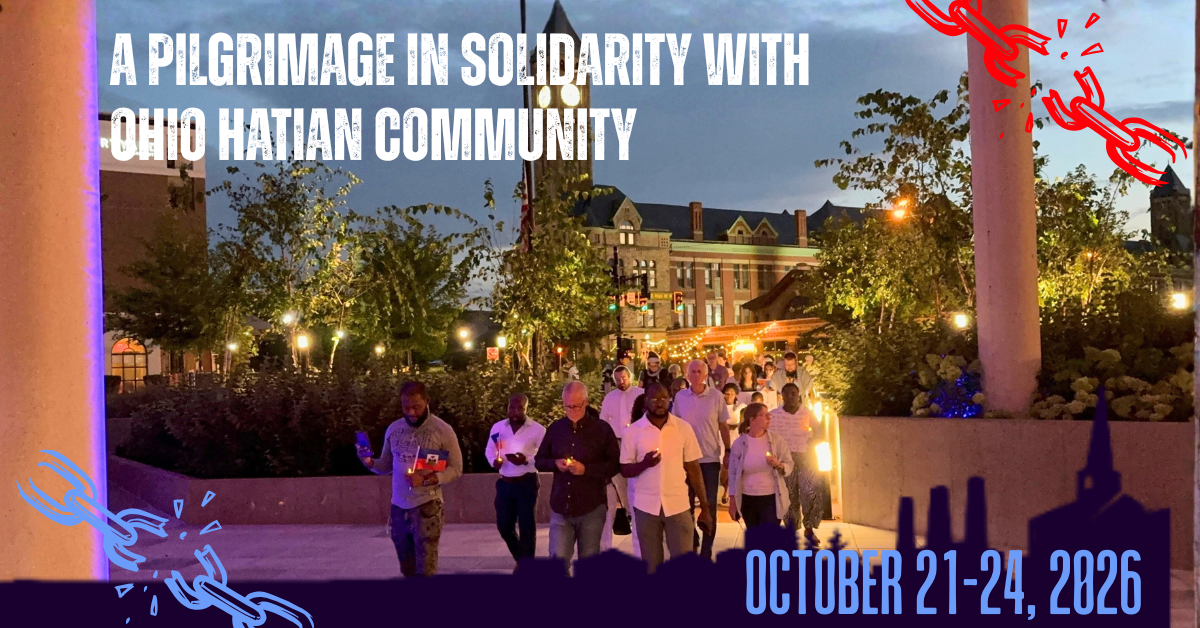 Image showing marchers at dusk with text: A pilgrimage in solidarity with Ohio Haitian community, October 21-24, 2026