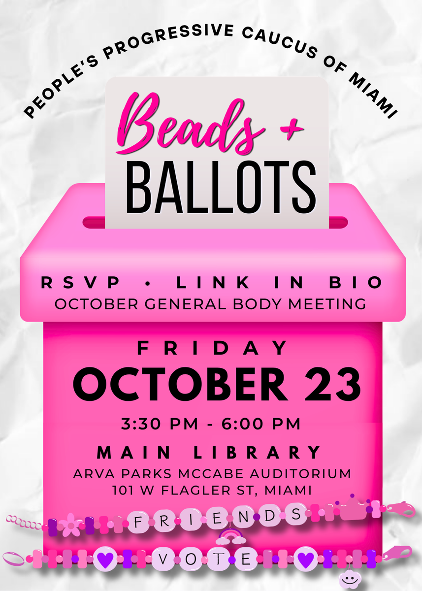 Beads + Ballots flyer: friendship bracelet artwork spelling FRIENDS and VOTE, with the event details for Friday, October 23, 3:30 to 6 PM at the Main Library, Arva Parks McCabe Auditorium.