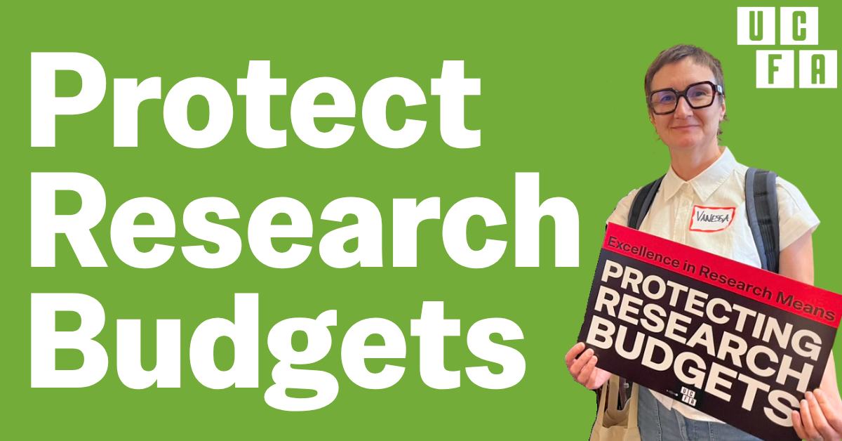 Protect Research Budgets. Photo of a person holding a sign that reads: excellence in research means protecting research budgets.