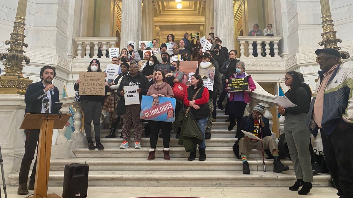 Reclaim members rally for tenants' rights at RI State House