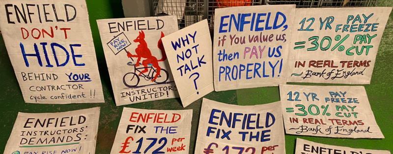 Enfield cycling instructors to protest 12 year pay freeze equivalent to 30% real pay cut Wednesday 14 July