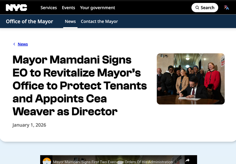 Mayor Mamdani Signs EO to Revitalize Mayor’s Office to Protect Tenants and Appoints Cea Weaver as Director
