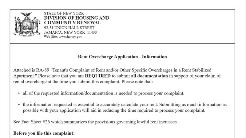 DHCR Rent Overcharge Application