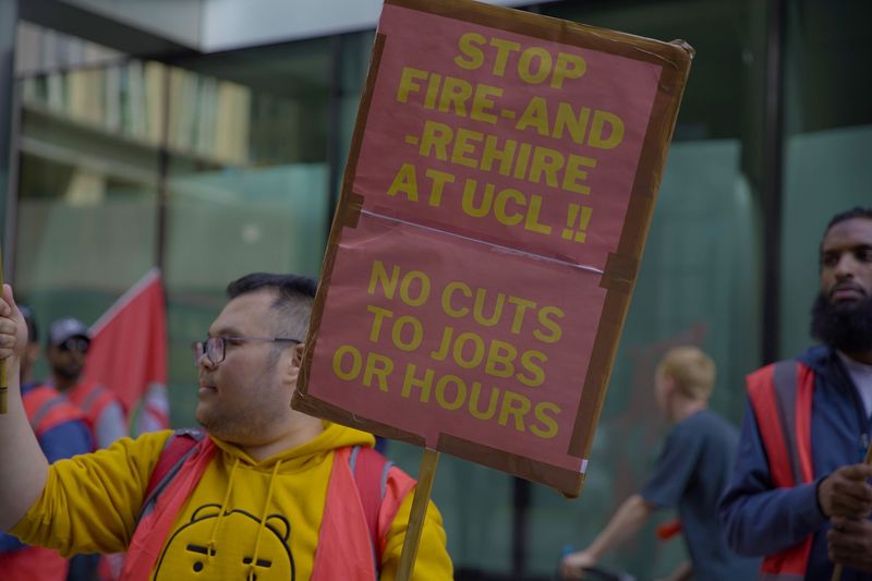 Striking frontline workers from UCL and St Mungos stage joint protest in City of London against governing bodies