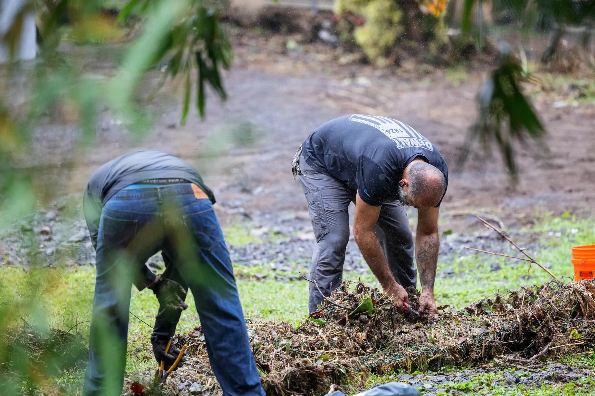 Volunteers clearing flood mud and debris from a yard