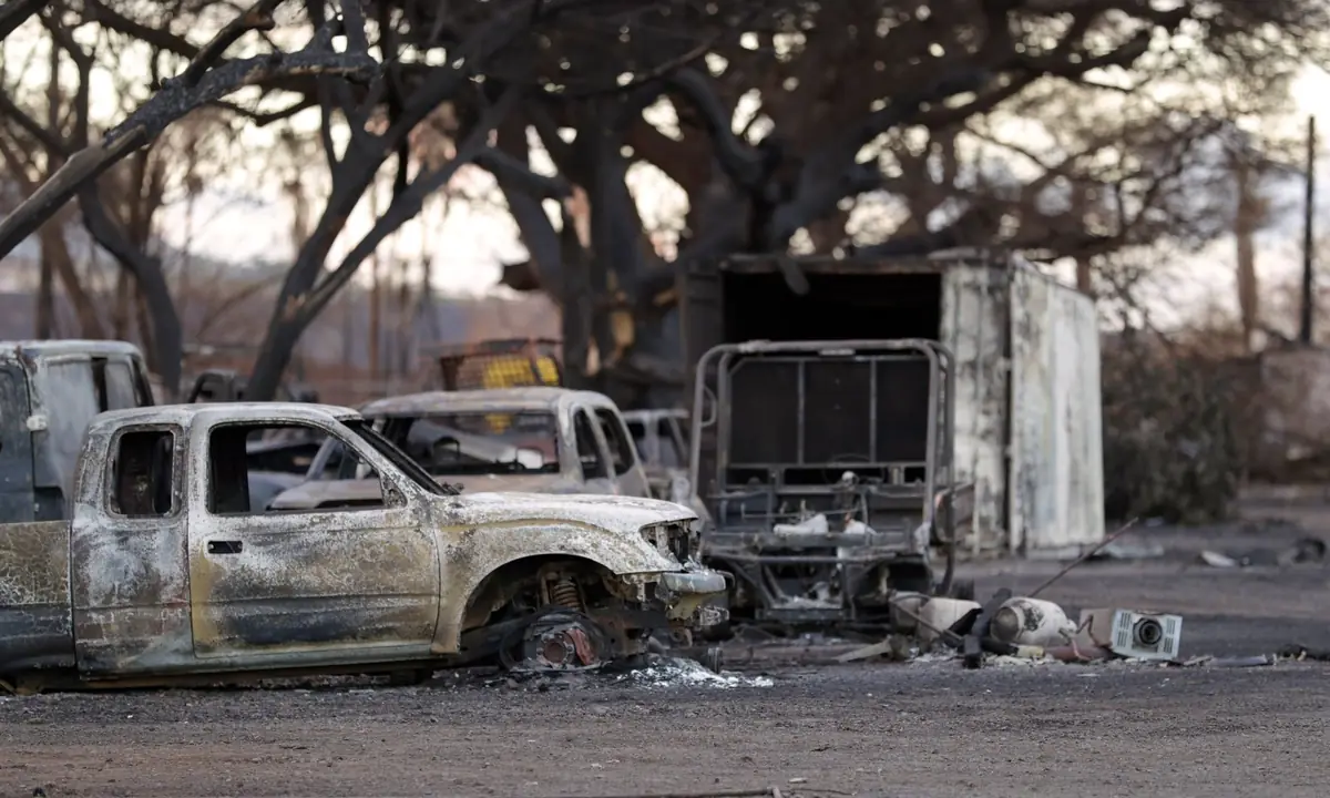 Burned-out trucks in Lāhainā after the August 2023 fire